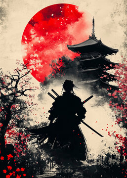a silhouette of a samurai in front of a red sun and a japanese building asian architecture asian cul