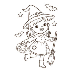 Little witch girl with broom and pumpkin coloring book illustration for Halloween