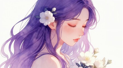 Naklejka premium Illustration of young woman with long purple hair adorned with white flowers. Her eyes are closed, and she holds bouquet, evoking serenity and gentle beauty. Soft watercolor style creates dreamy mood.
