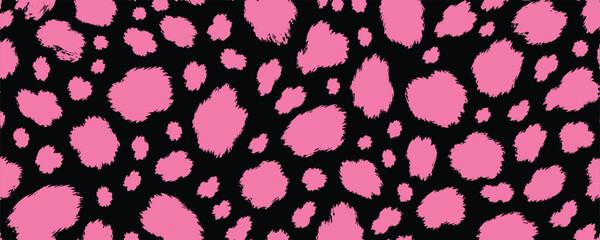 Seamless pattern with pink leopard spots on black background. Animal print vector illustration for fashion, textile, wallpaper, and wrapping paper design. © Zbrake Studio