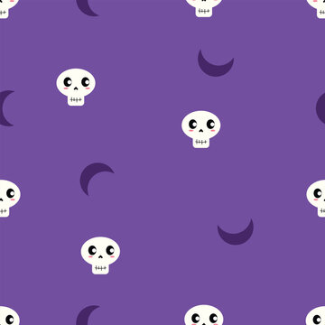 Cute Skull and Crescent Moon Halloween Seamless Pattern on Purple Background