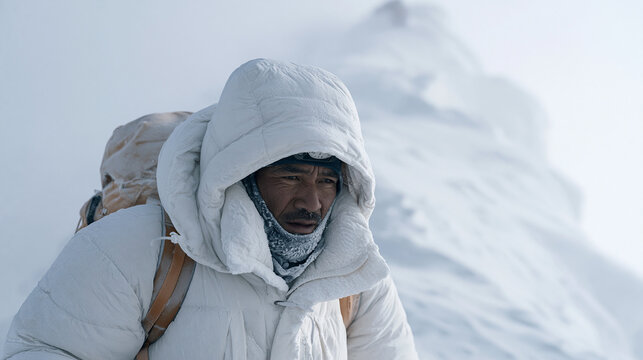 Fixed rope alpine climber in summit push whiteout conditions, visibility reduced, ice forming on balaclava, compass bearing navigation, Himalayan storm management, expedition risk assessment, extrem