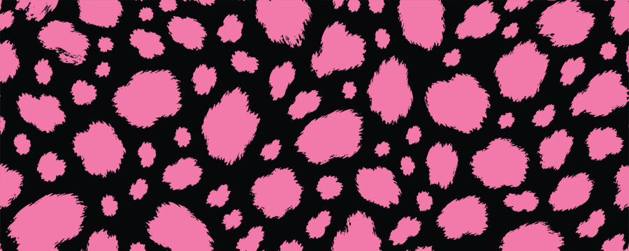 Seamless pattern with pink leopard spots on black background. Animal print vector illustration for fashion, textile, wallpaper, and wrapping paper design.