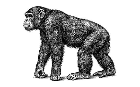 Detailed vintage illustration of a chimpanzee standing on a white background