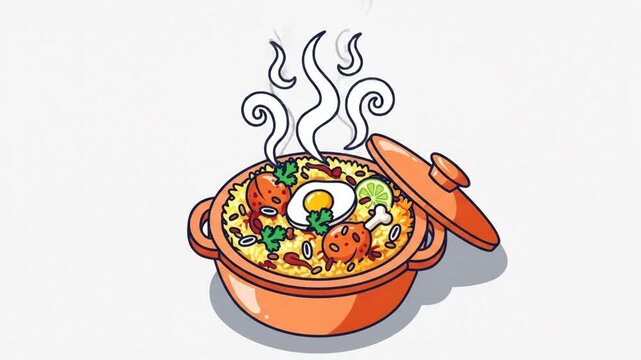 Steaming food illustration with lid open overhead view cartoon