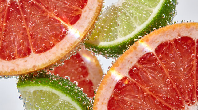 Macro close-up of fresh grapefruit and lime slices in sparkling water with bubbles, vibrant summer drink concept background