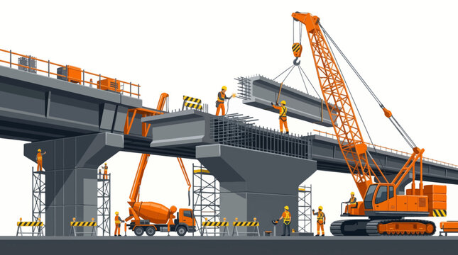 Construction workers building highway bridge with heavy machinery illustration