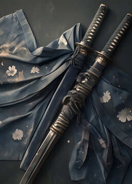 a close-up view of a katana and wakizashi on a blue fabric ancient weapon antique sword asian cultur