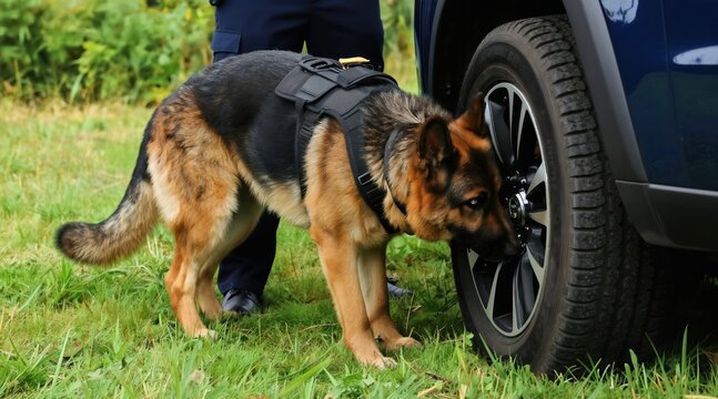 Police dog sniffs car wheel during search. German Shepherd handler works with trained K9 unit for crime detection on grassy field. Security forces inspect vehicle for illegal substances.
