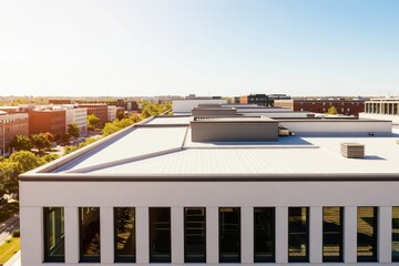 Naklejka premium Modern flat roof building with ventilation systems against cityscape. Sunlight casts shadows on white structure exterior, showing urban architecture detail and clean design.