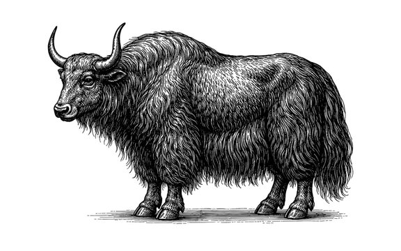Detailed black and white illustration of a long-haired yak standing on a plain surface
