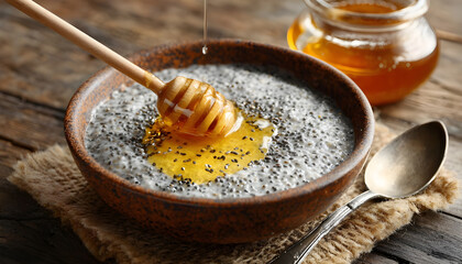 Fototapeta premium Delicious bowl of poppy seed porridge with honey, symbolizing a healthy and comforting breakfast