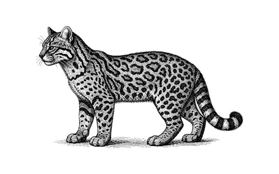 Detailed engraving of a spotted ocelot standing alertly on a white background