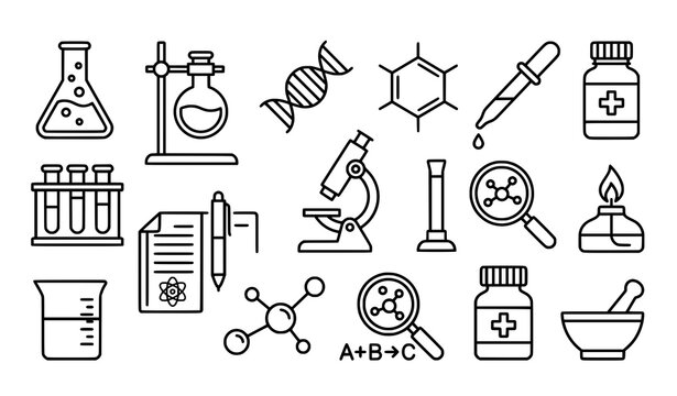 Creative chemist line icon set with minimalist laboratory and science vector symbols
