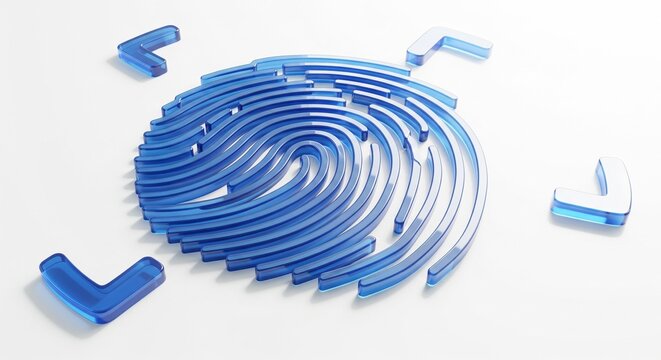3D Render of a Blue Glass Fingerprint Icon with Corner Markers on a White Background for Technology Design