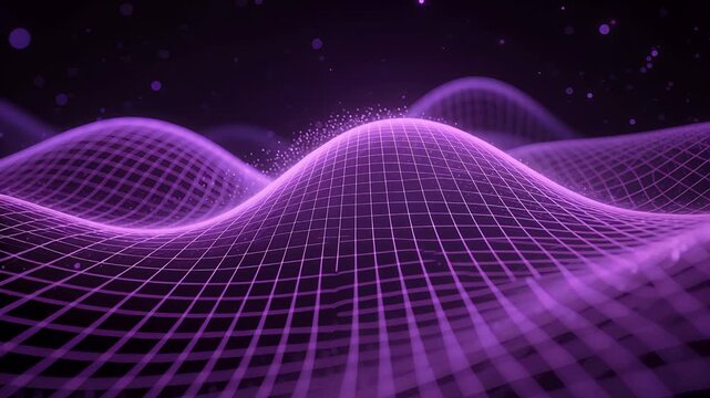 Abstract purple glowing wireframe grid with undulating waves and particles on a dark background, representing digital technology and data visualization.