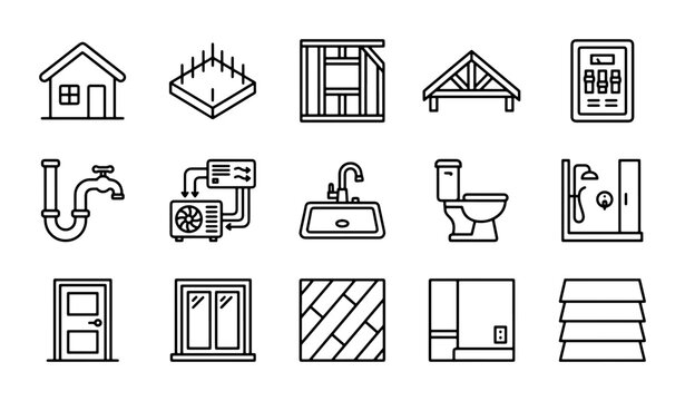 Home Building Icons Set, Construction Elements, Architecture Symbols, Plumbing, HVAC, Roofing, Doors, Windows