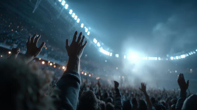 A vast stadium filled with an enthusiastic crowd, with illuminated stage as the focal point, creating a captivating visual of the concert atmosphere.