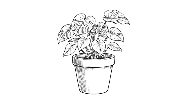 A detailed hand-drawn sketch of a lush potted Monstera plant, showcasing its iconic split leaves in a charming terracotta pot, perfect for home decor and botanical art