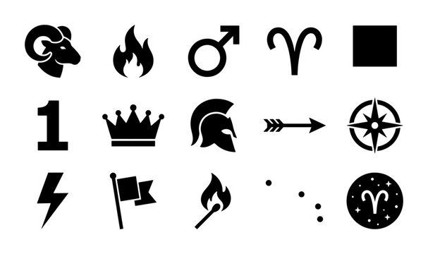 Aries Zodiac Symbol, Ram Icon, Fire, Mars Symbol, Crown, Helmet, Arrow, Compass, Lightning, Flag, Match, Constellation, Astrology Icons