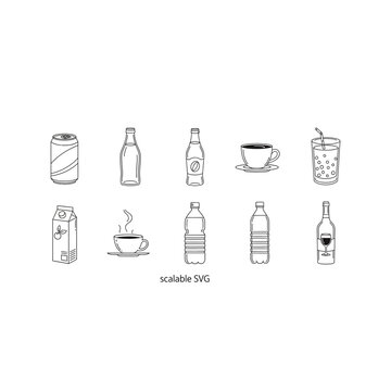Collection of assorted beverage and drink containers line art with beverage