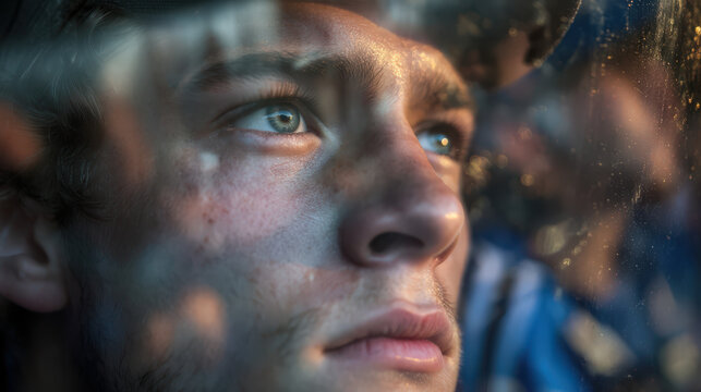 The introspective gaze of a person, framed by light and shadow, suggesting a reflective state of mind or a longing gaze into the future, conveys introspection.