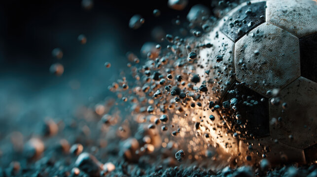A dynamic image captures the explosive moment a soccer ball shatters into fragmented pieces, creating a powerful visual impact.
