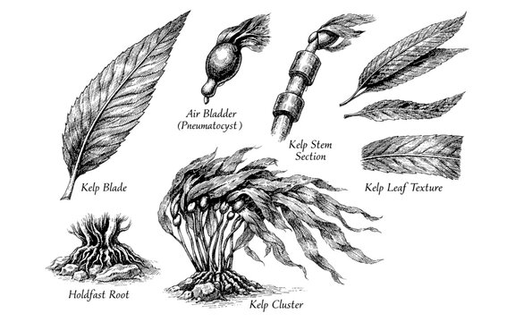 Detailed botanical illustration of kelp anatomy and growth stages