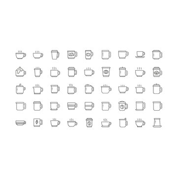 Collection of assorted coffee mug and teacup line art icons with beverage