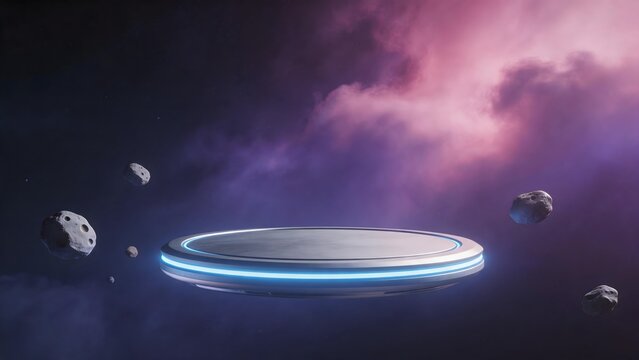 Futuristic space platform with asteroids