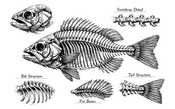 Detailed illustration of a fish skeleton showing its anatomical structure and bone composition