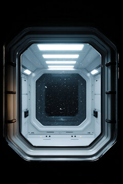 futuristic space station window overlooking deep space, retro futuristic orbital station interior with cosmic view, minimal white sci fi habitat looking into the void