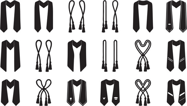 Collection of graduation stoles and cords in various styles and arrangements.