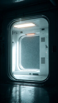 futuristic space station window overlooking deep space, retro futuristic orbital station interior with cosmic view, minimal white sci fi habitat looking into the void