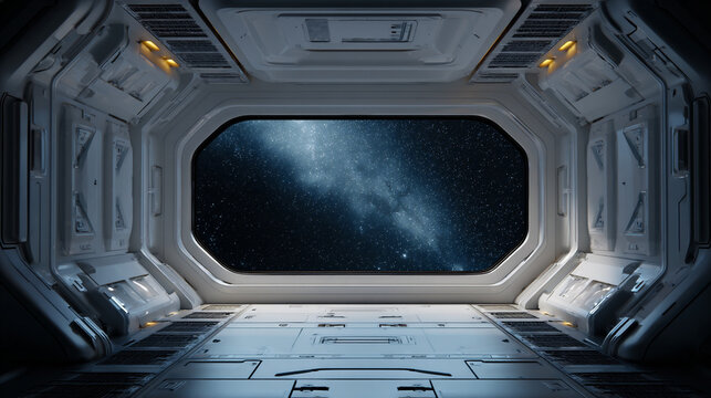 futuristic space station window overlooking deep space, retro futuristic orbital station interior with cosmic view, minimal white sci fi habitat looking into the void