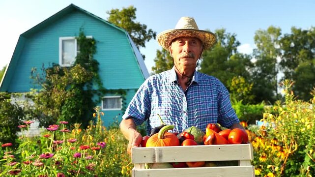 Farmer stands proudly holding a crate of ripe tomatoes. He wears a straw hat and blue checked shirt. Behind him, a vibrant garden blooms with flowers