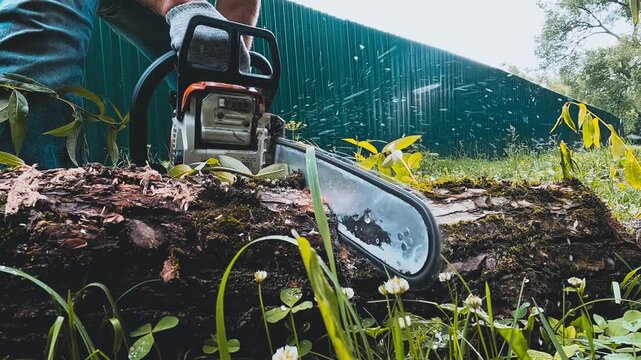 Worker cuts log with chainsaw outdoors. Grass and wildflowers surround the scene. Green fence lines the background. Person shows focused effort. Chainsaw buzzes as blade enters wood
