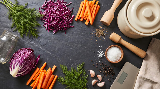 Fermentation ingredients flatlay with red cabbage, carrot, dill, and spices on slate