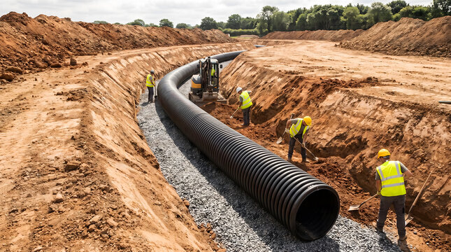 Workers installing large corrugated drainage pipe in open excavated trench