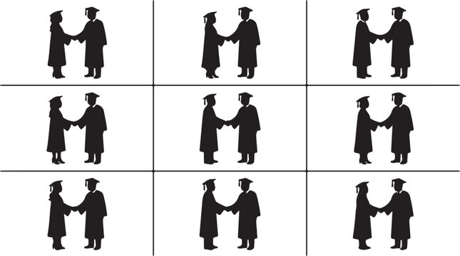 Graduates shaking hands in caps gowns.