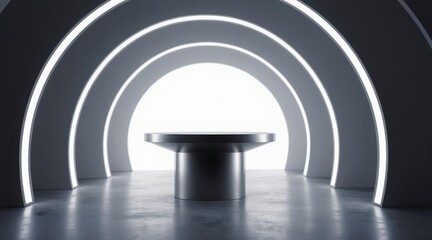 Fototapeta premium Round metal podium stands inside futuristic tunnel with glowing arches. Concrete floor reflects light from clean geometric space. Empty stage for product presentation or award ceremony.