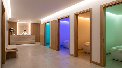 Fototapeta premium Modern float spa corridor with colorful treatment room lighting and reception
