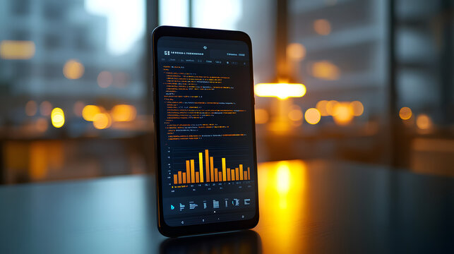 Smartphone displaying code editor at night with city lights in background