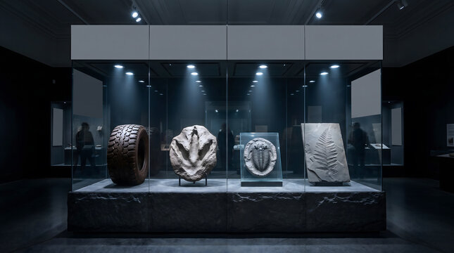 Museum display case with fossil specimens and rubber tire under dramatic spotlight