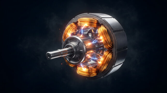 Electric motor cutaway with glowing copper coils and lightning arcs on dark background