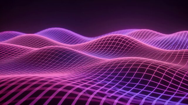 Abstract glowing pink and purple grid forming undulating waves on a dark background, representing digital data or sound visualization.