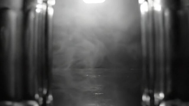Empty beer mugs against a mysterious, dark backdrop with rising smoke and a spotlight shining down.