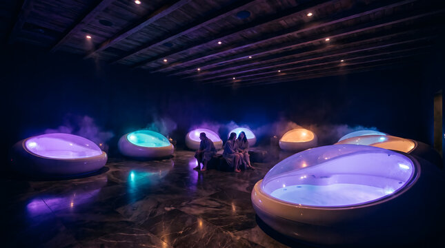 Futuristic float pod spa room with glowing capsules and ambient purple light