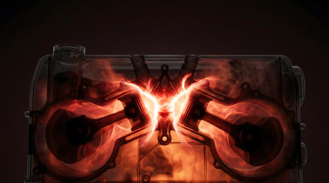 V-engine cross-section with glowing combustion and fire effect in dramatic dark render