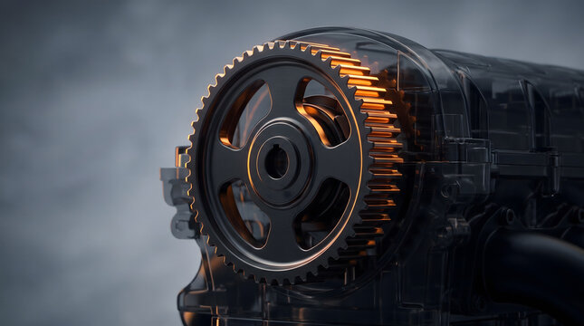 Close-up of a dark metallic timing gear with glowing orange light on mechanical assembly
